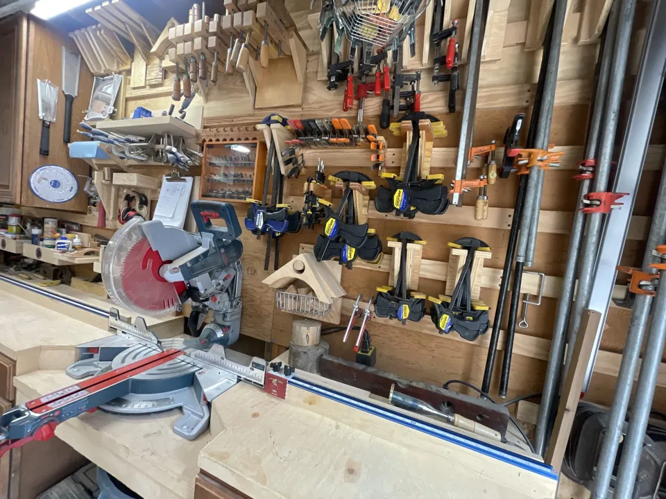 Hand tools and workbench in the woodshop
