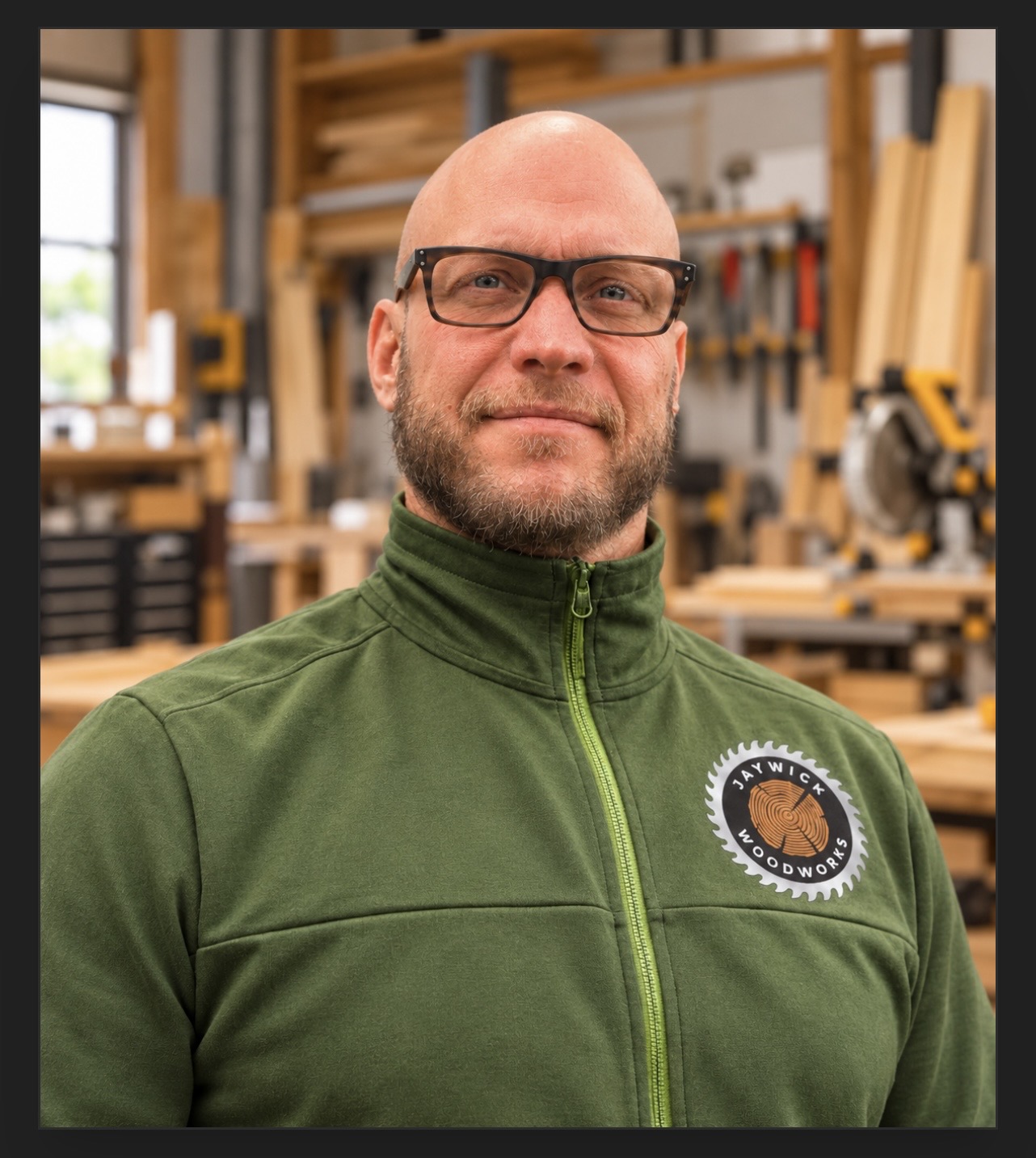 Jay in his woodworking shop, wearing his Jaywick Woodworks jacket