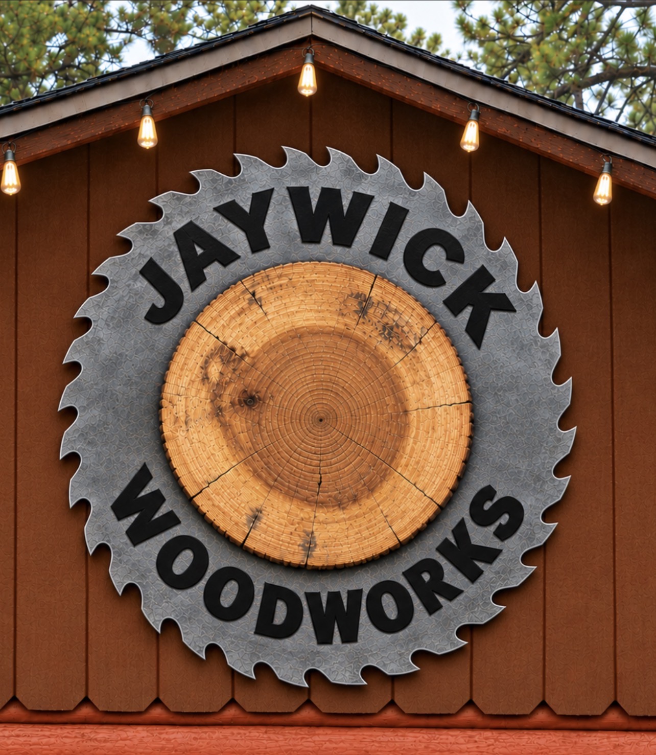 Jaywick Woodworks sawblade sign mounted on the workshop beneath string lights